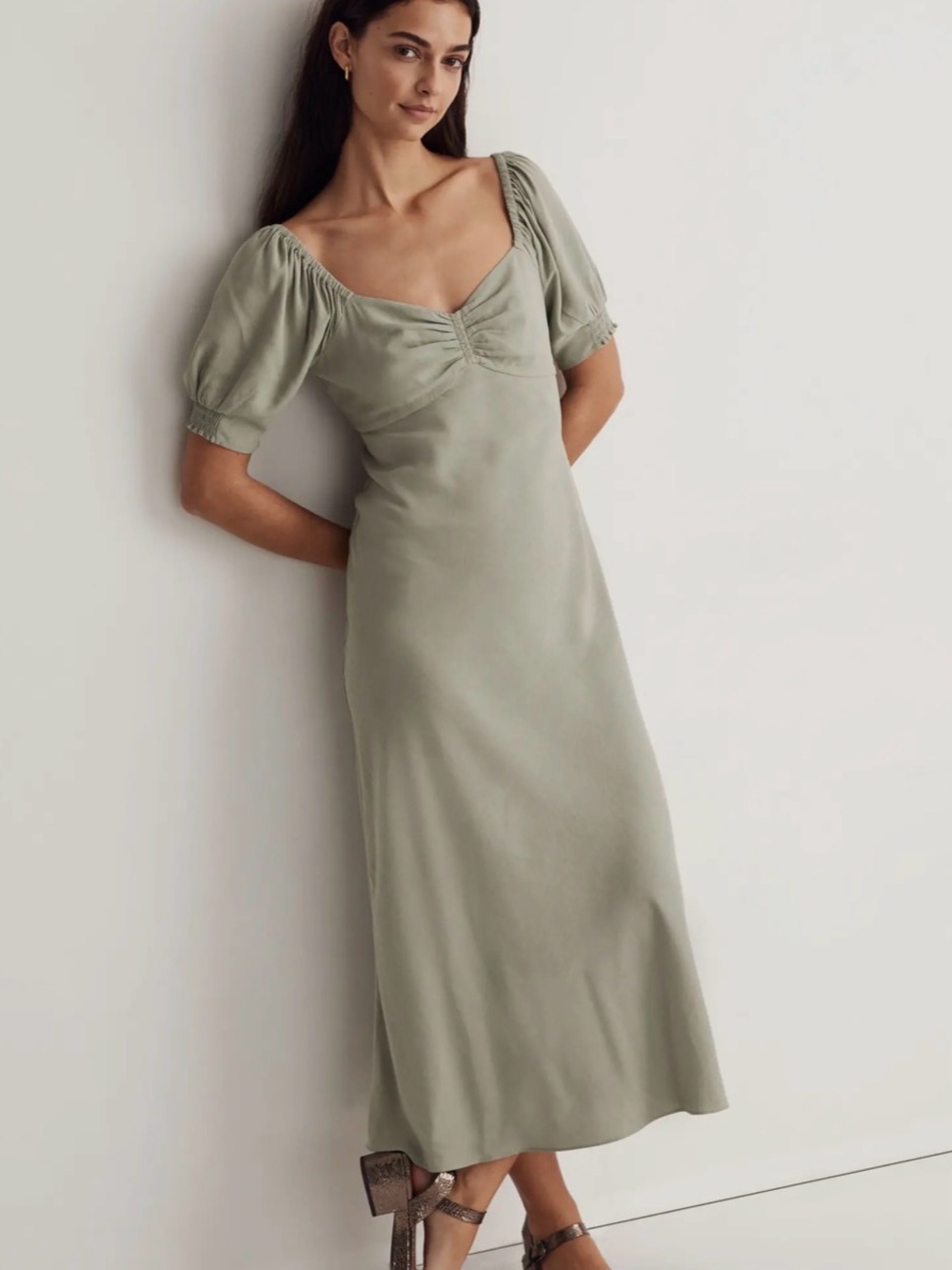 Madewell Sage Green Puff-Sleeve Midi Dress
